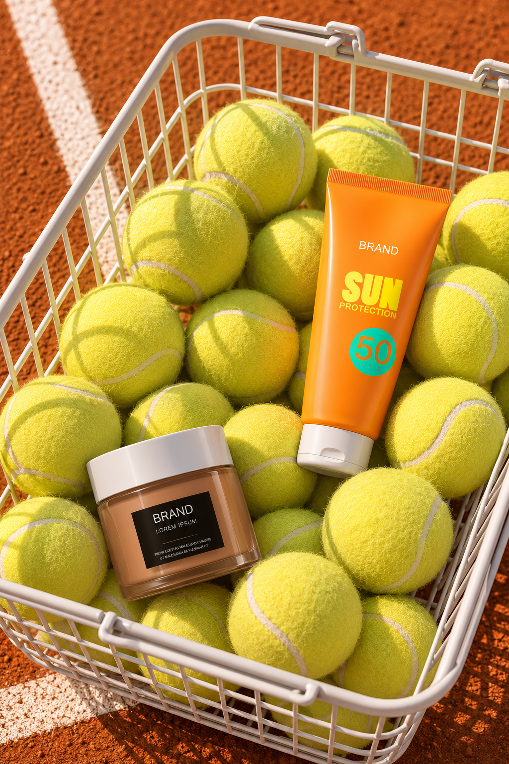 Produits solaires dans un panier de balles de tennis